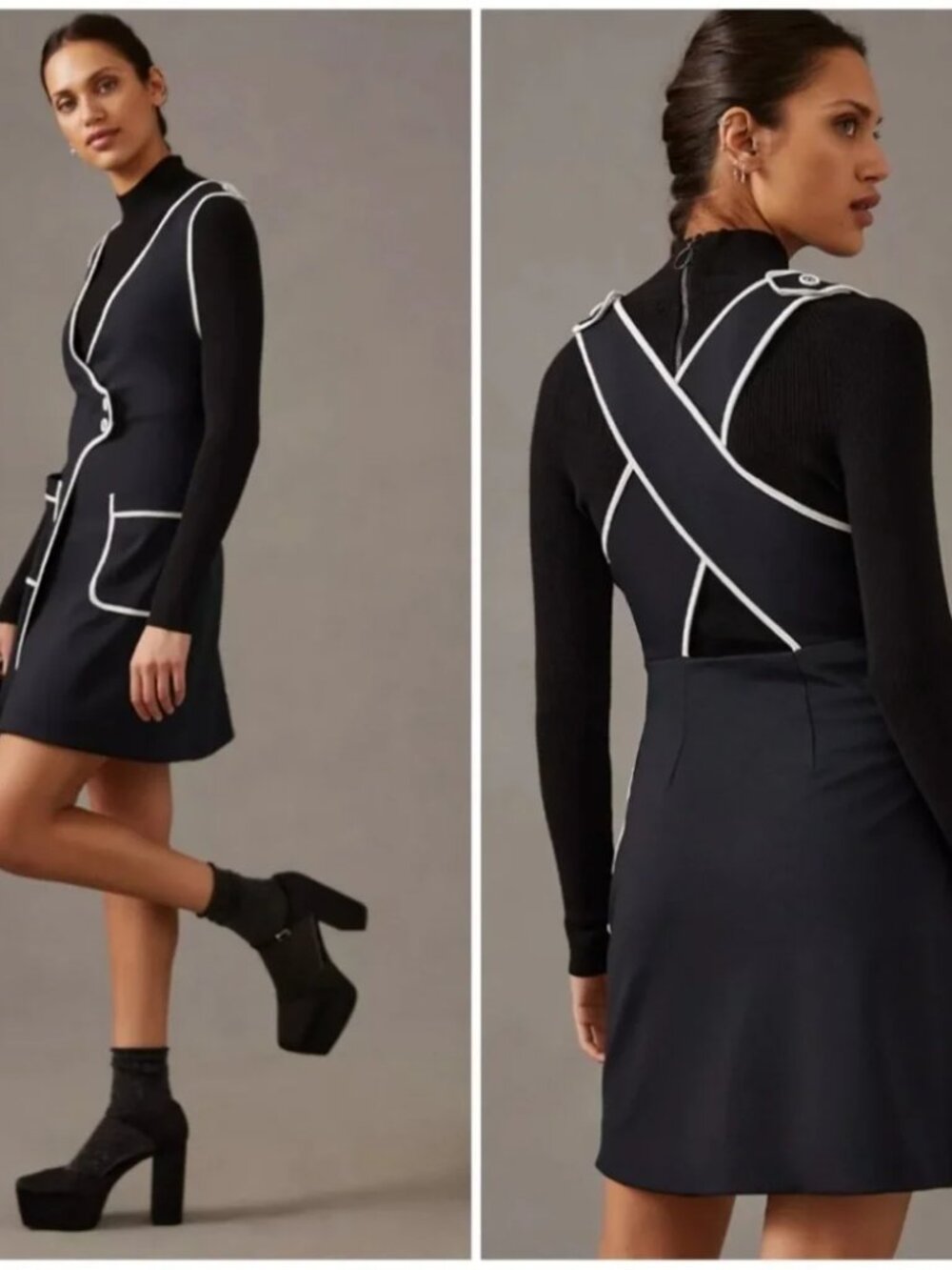 Maeve Anthropologie Pinafore Wrap Dress Black White Overall Jumper Womens XS